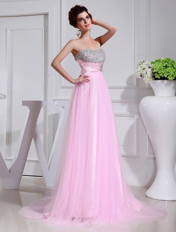 A-Line/Princess Beading Sleeveless Woven Satin Tulle Dresses