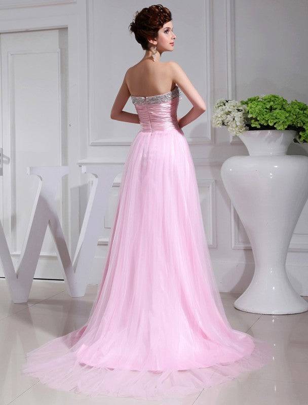A-Line/Princess Beading Sleeveless Woven Satin Tulle Dresses