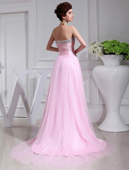 A-Line/Princess Beading Sleeveless Woven Satin Tulle Dresses