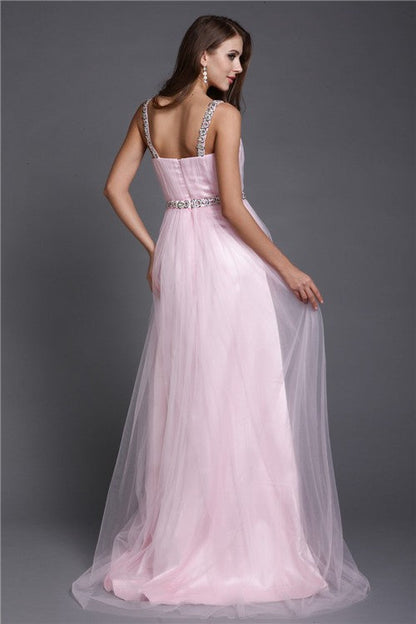 A-Line/Princess Spaghetti Straps Rhinestone Sleeveless Long Net Dresses