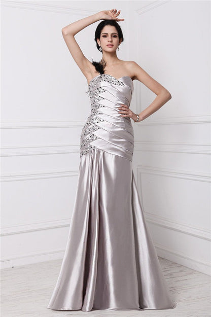A-Line/Princess Sweetheart Sleeveless Beading Pleats Long Woven Satin Dresses