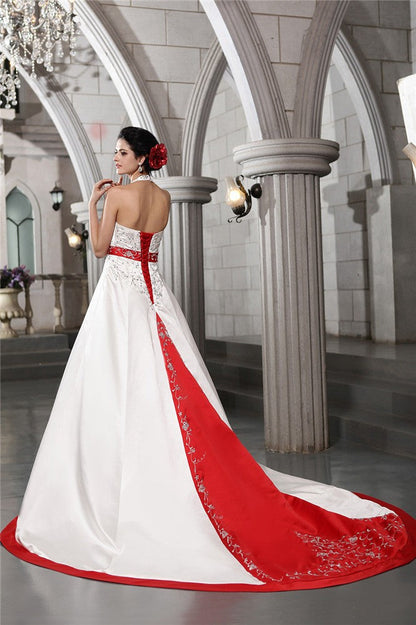A-Line/Princess V-neck Sleeveless Beading Embroidery Long Satin Wedding Dresses
