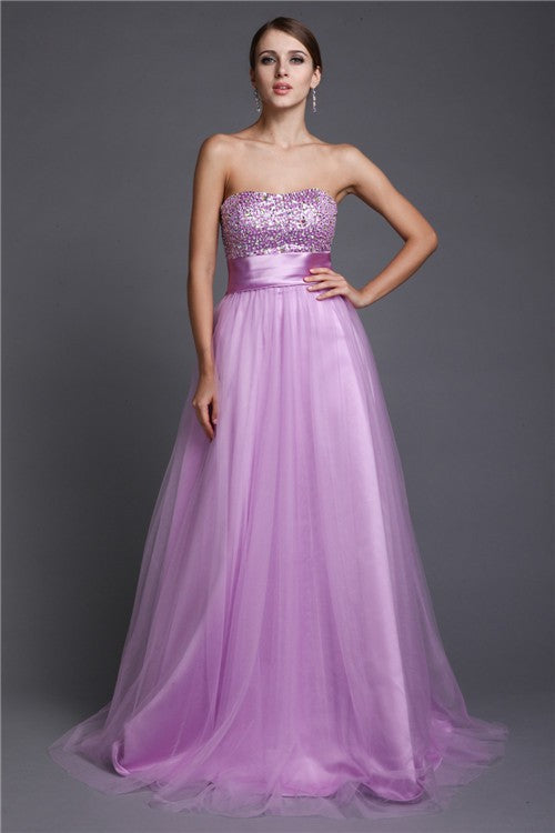 A-Line/Princess Strapless Sleeveless Beading Long Net Dresses