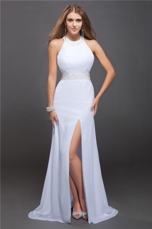 Sheath/Column Jewel Sleeveless Beading Ruffles Long Chiffon Dresses