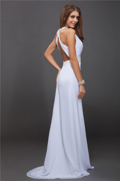 Sheath/Column Jewel Sleeveless Beading Ruffles Long Chiffon Dresses