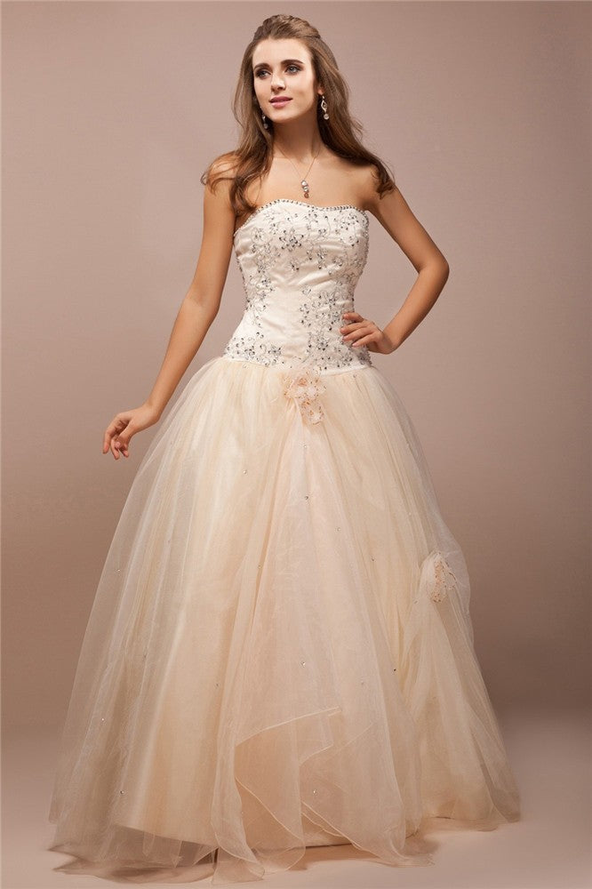 Ball Gown Strapless Sleeveless Lace Long Beading Net Satin Dresses