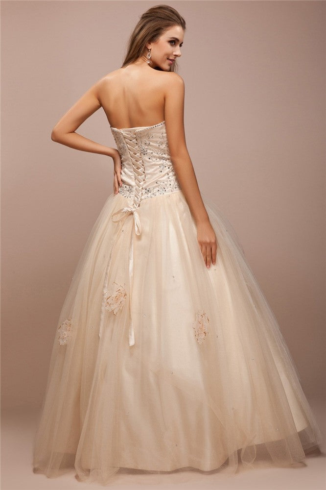Ball Gown Strapless Sleeveless Lace Long Beading Net Satin Dresses