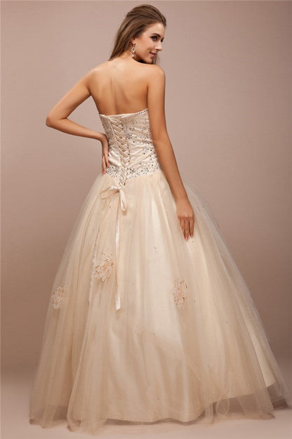 Ball Gown Strapless Sleeveless Lace Long Beading Net Satin Dresses