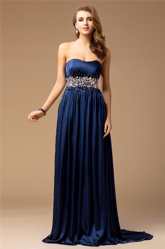 Sheath/Column Strapless Sleeveless Long Rhinestone Silk like Satin Dresses