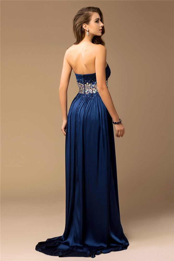 Sheath/Column Strapless Sleeveless Long Rhinestone Silk like Satin Dresses