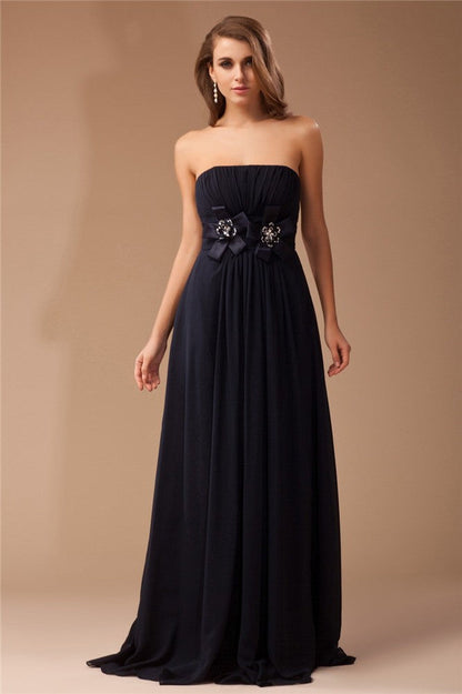 Sheath/Column Strapless Sleeveless Ruffles Long Beading Chiffon Woven Satin Dresses
