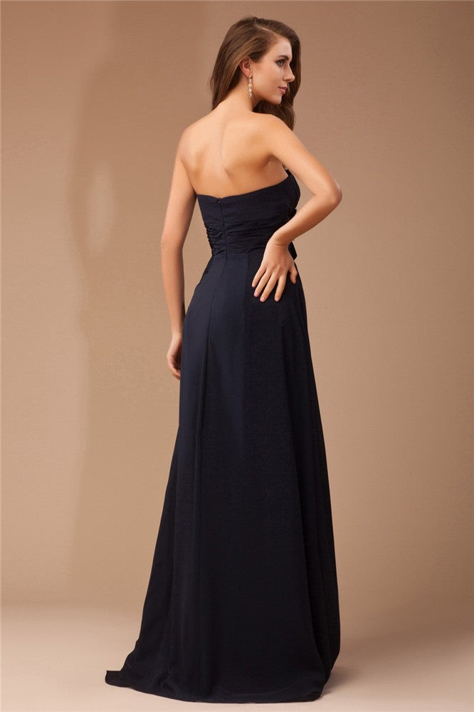 Sheath/Column Strapless Sleeveless Ruffles Long Beading Chiffon Woven Satin Dresses