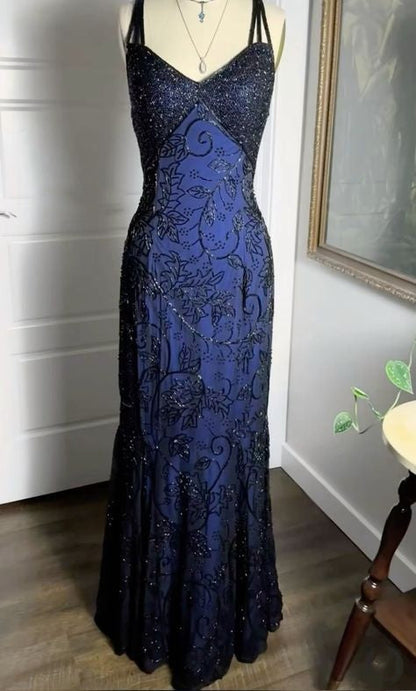 Navy Blue Shiny Elegant Exquisite Beaded Applique Straps Long Tulle Sequins Ball Gowns Prom Dress