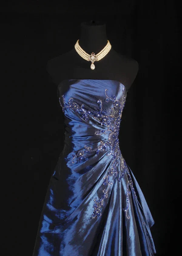 Navy Blue Vintage Elegant Fashion Ball Gowns Off Shoulder Long Satin Prom Dress Prom Dress