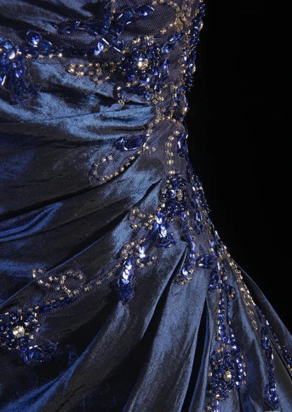 Navy Blue Vintage Elegant Fashion Ball Gowns Off Shoulder Long Satin Prom Dress Prom Dress