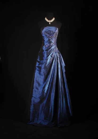 Navy Blue Vintage Elegant Fashion Ball Gowns Off Shoulder Long Satin Prom Dress Prom Dress