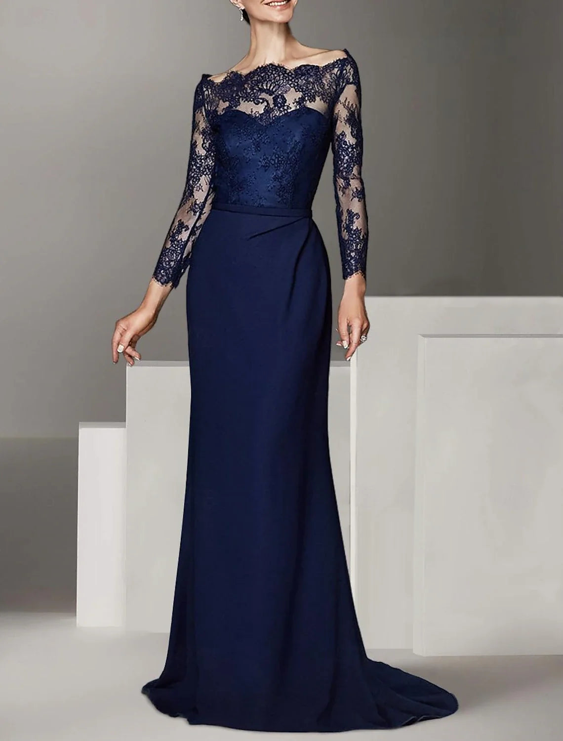 Mermaid / Trumpet Mother of the Bride Dress Formal Wedding Guest Elegant Off Shoulder Floor Length Lace Chiffon Long Sleeve with Lace Ruching