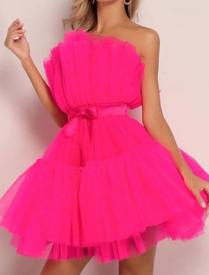 Women‘s Party Pink Sleeveless Pure Color Backless Layered Mesh Strapless Homecoming Dress