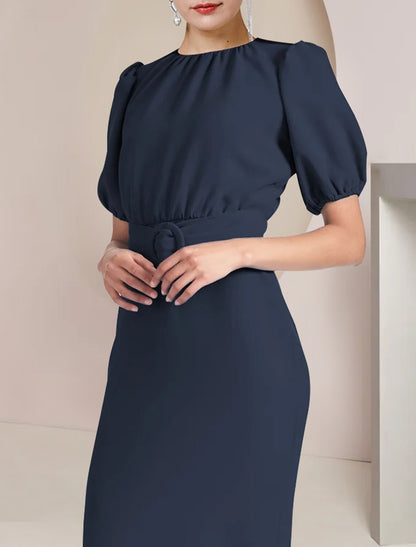 Sheath / Column Mother of the Bride Dress Formal Wedding Guest Elegant Scoop Neck Tea Length Chiffon Short Sleeve with Sash / Ribbon