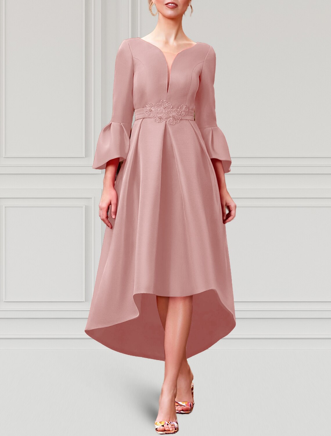 A-Line Cocktail Dresses Elegant Dress Formal Wedding Guest Asymmetrical 3/4 Length Sleeve V Neck Satin with Pleats 2026