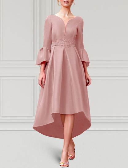 A-Line Cocktail Dresses Elegant Dress Formal Wedding Guest Asymmetrical 3/4 Length Sleeve V Neck Satin with Pleats 2026
