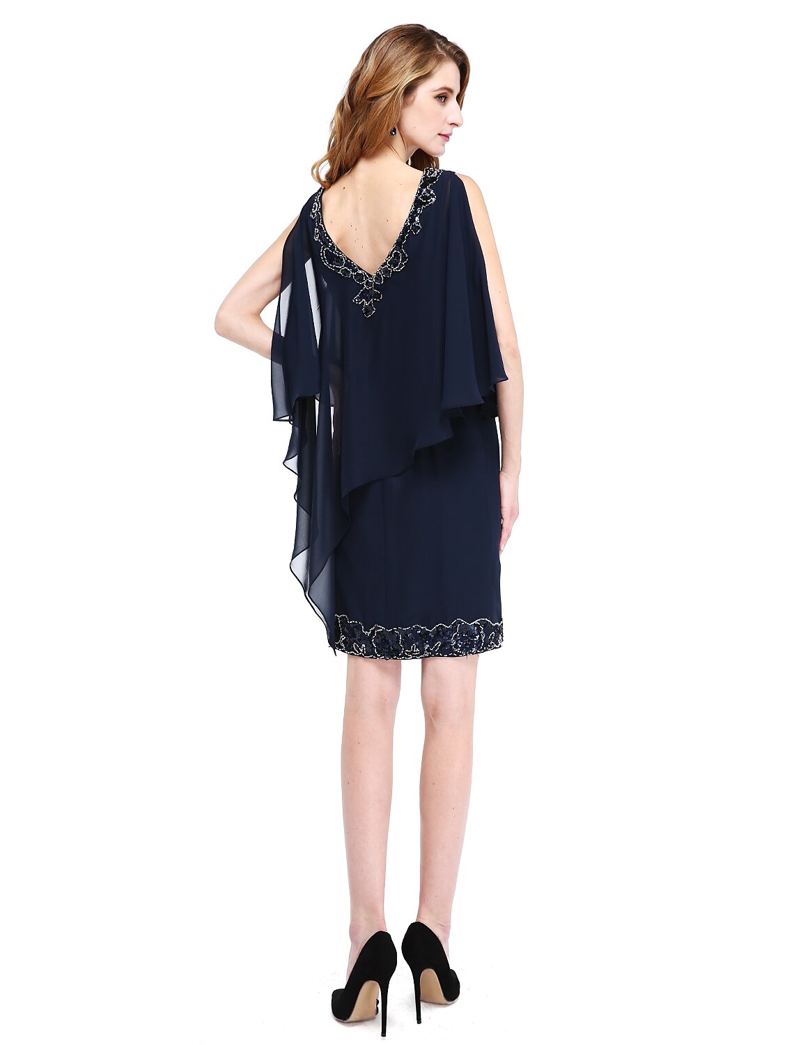 Sheath / Column Mother of the Bride Dress V Neck Knee Length Chiffon Sleeveless No with Beading Sequin