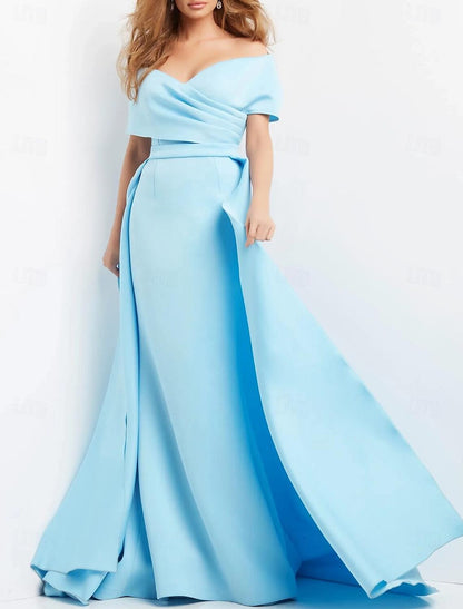 Sheath / Column Evening Gown Elegant Dress Formal Wedding Floor Length Short Sleeve Sweetheart Fabric with Ruched