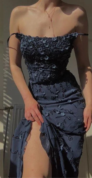 Navy Blue Vintage Spaghetti Straps Elegant Delicate Floral Beads Long Ball Gown Evening Gown Mermaid Birthday Party Dress Prom Gown gh2940