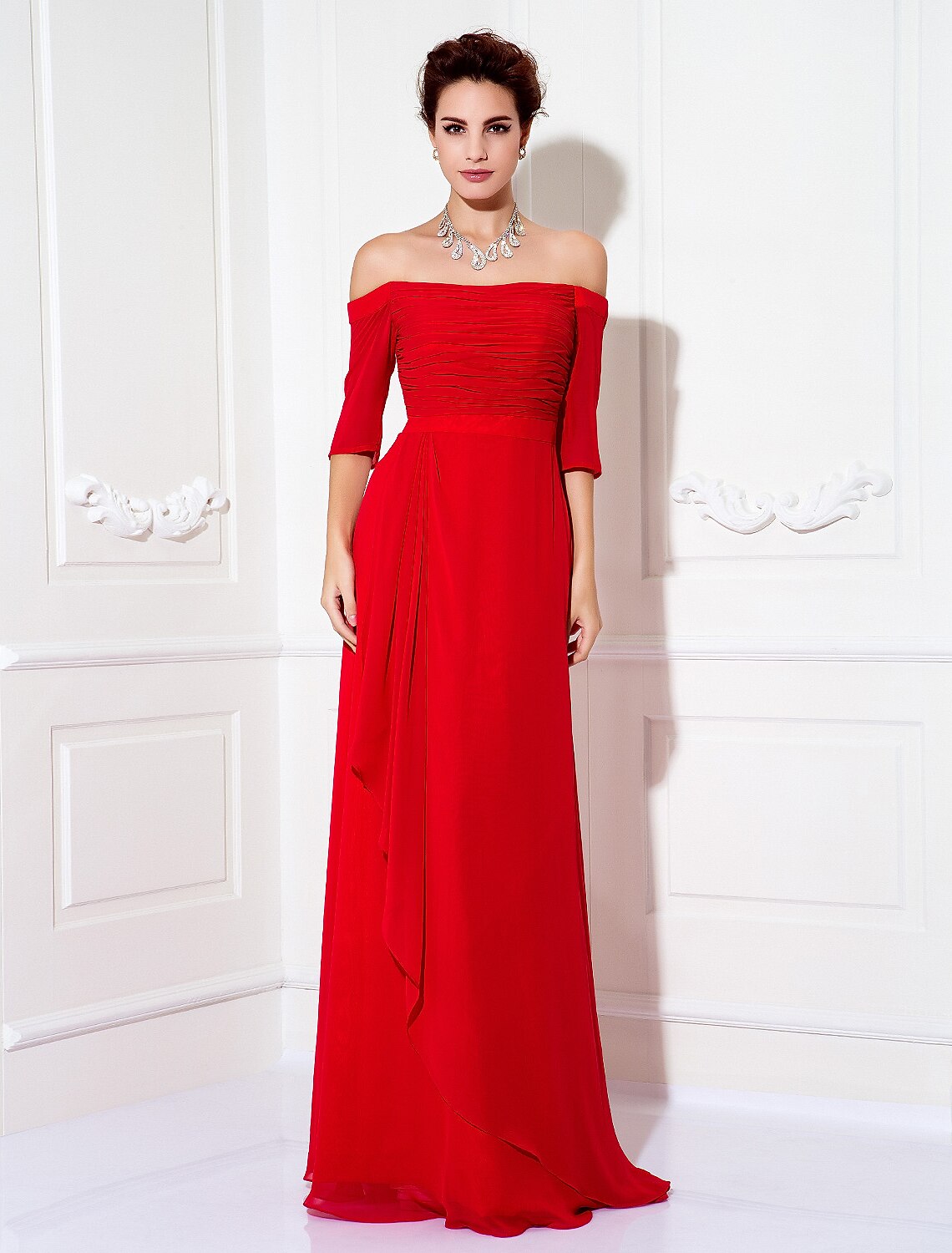 Sheath / Column Minimalist Dress Wedding Guest Formal Evening Sweep / Brush Train Half Sleeve Off Shoulder Bridesmaid Dress Chiffon with Ruched Draping 2025