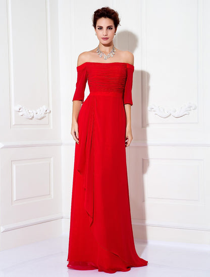Sheath / Column Minimalist Dress Wedding Guest Formal Evening Sweep / Brush Train Half Sleeve Off Shoulder Bridesmaid Dress Chiffon with Ruched Draping 2025