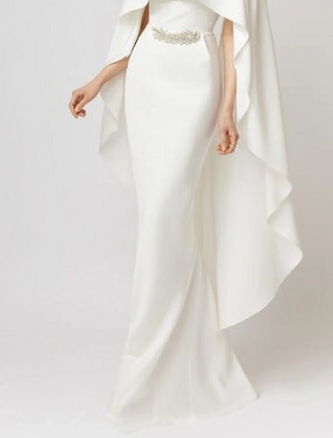 Mermaid / Trumpet Evening Gown Maxi Dress Formal Wedding Guest Floor Length Sleeveless Jewel Neck Capes Chiffon with Appliques