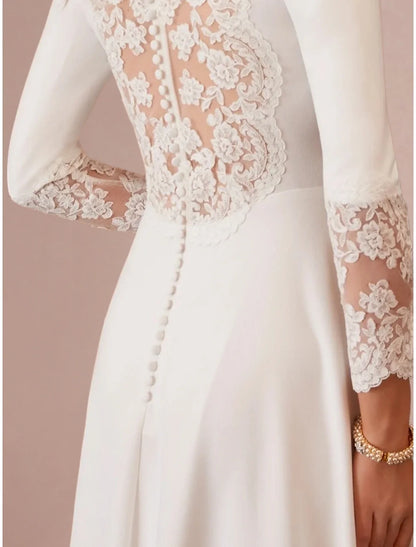 Little White Dresses Wedding Dresses A-Line V Neck Long Sleeve Tea Length Fabric Bridal Gowns With Bow(s) Solid Color