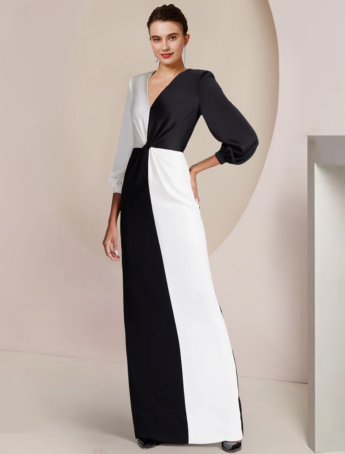 Sheath / Column Mother of the Bride Dress Formal Wedding Guest Party Elegant V Neck Floor Length Satin 3/4 Length Sleeve with Color Block