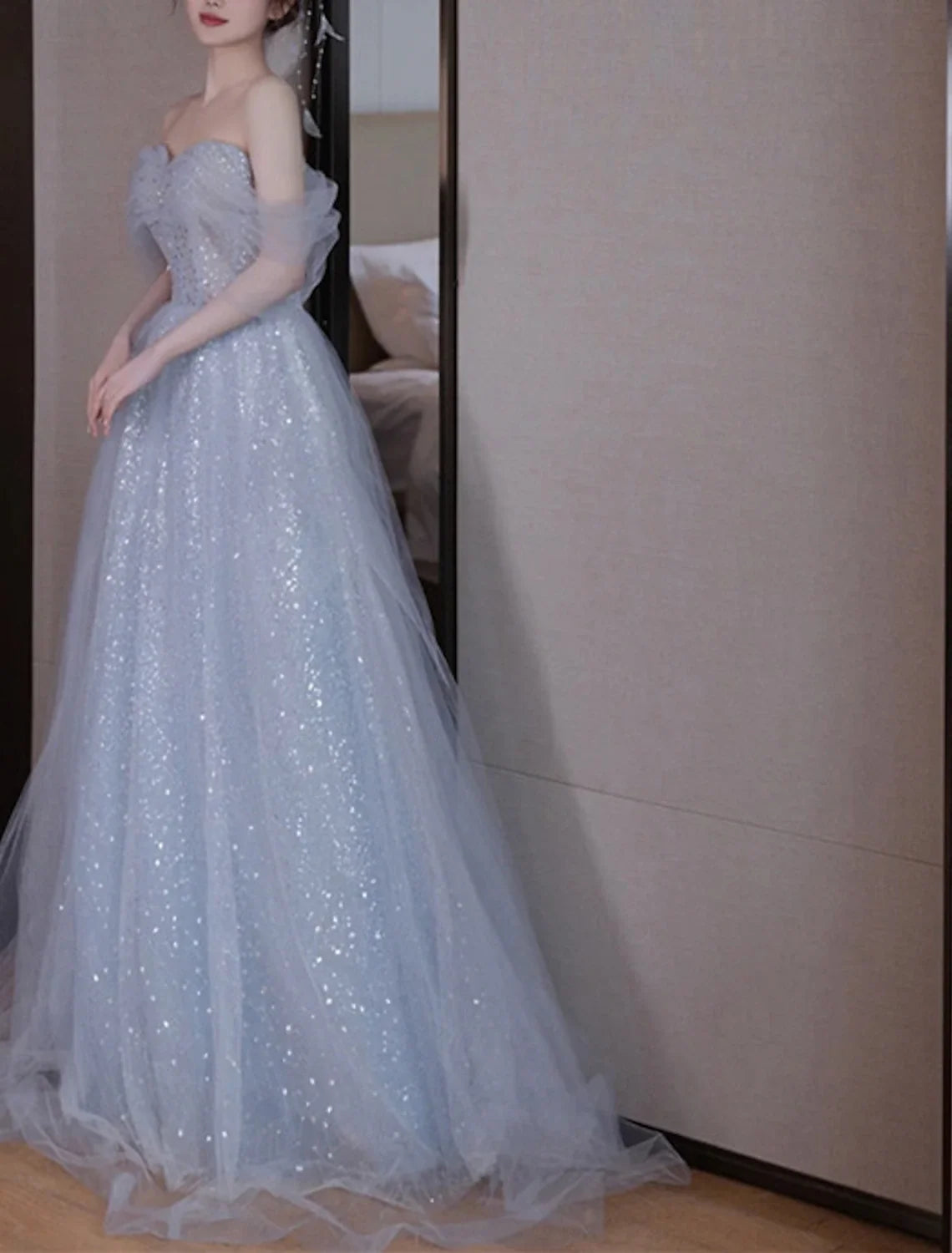 A-Line Party Dresses Sparkle & Shine Dress Wedding Guest Prom Floor Length Sleeveless Off Shoulder Sequined with Sequin