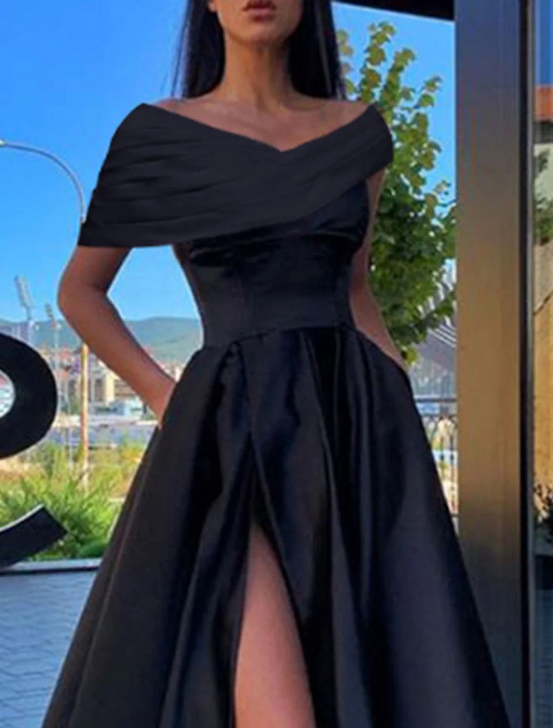 A-Line Prom Dresses Black Dress Plus Size Formal Wedding Party Floor Length Short Sleeve Off Shoulder Satin with Ruched Slit 2026