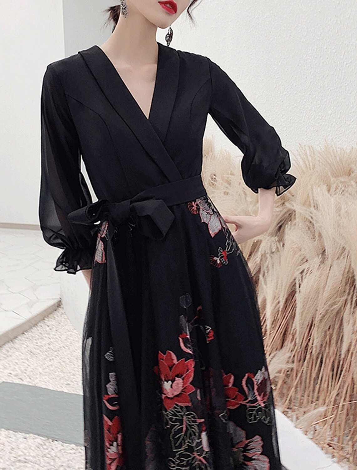 A-Line Floral Prom Formal Evening Dress V Neck 3/4 Length Sleeve Floor Length Spandex with Sash / Ribbon Embroidery
