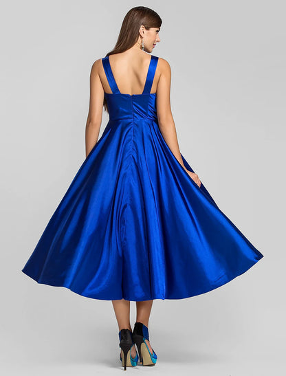 A-Line Minimalist Dress Wedding Guest Cocktail Party Tea Length Sleeveless Square Neck Satin with Criss Cross