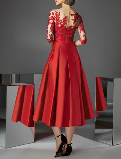 A-Line Cocktail Party Dress Christmas Red Green Dress Floral Dress Kentucky Derby Tea Length 3/4 Length Sleeve Off Shoulder Fall Wedding Guest Satin with Pleats Appliques