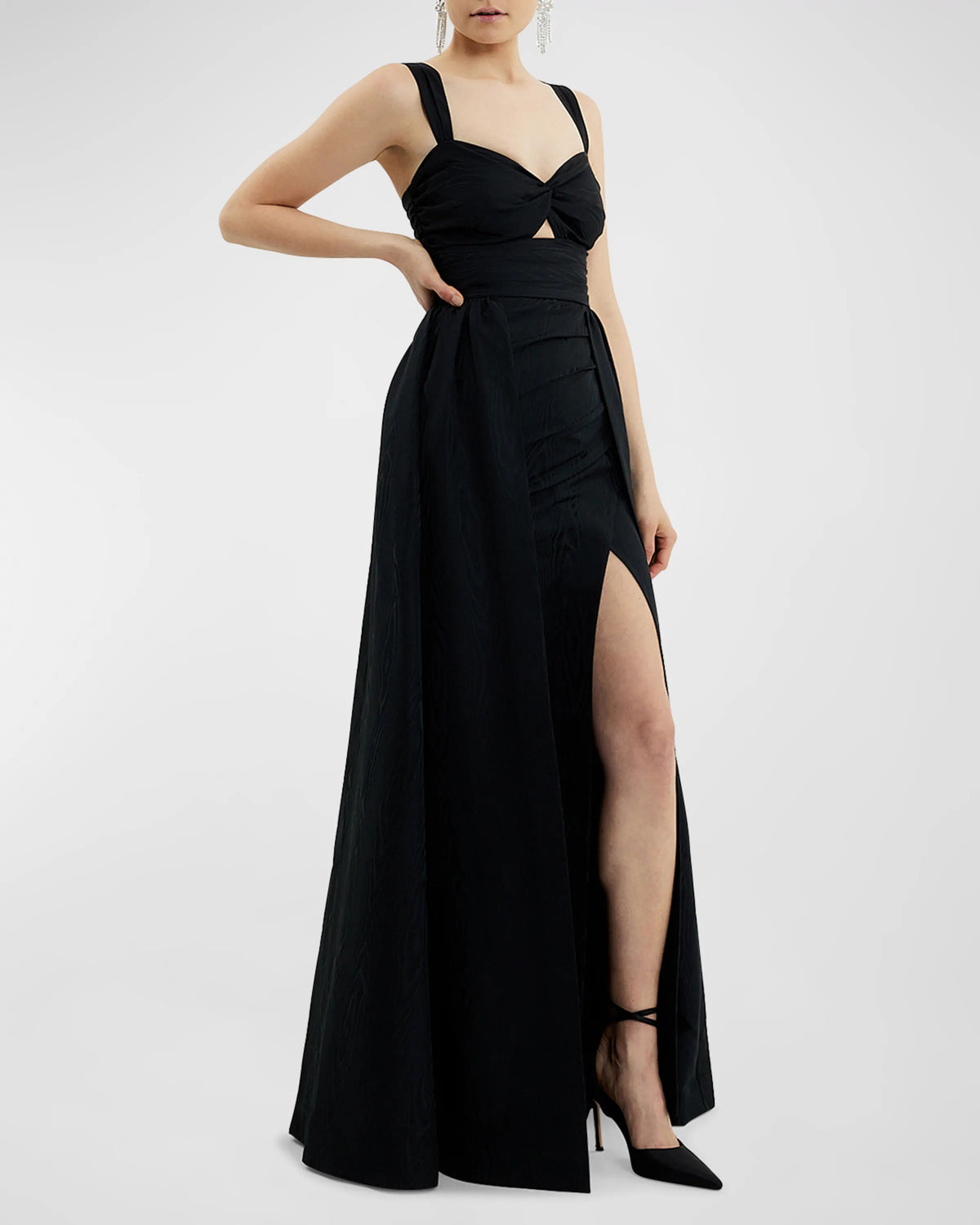 A noble off shoulder pleated hollow and ground length prom dress
