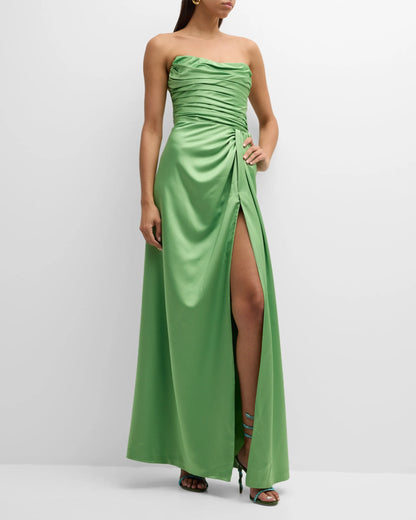 Noble strapless off shoulder pleated side slit prom dress