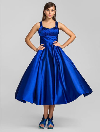 A-Line Minimalist Dress Wedding Guest Cocktail Party Tea Length Sleeveless Square Neck Satin with Criss Cross