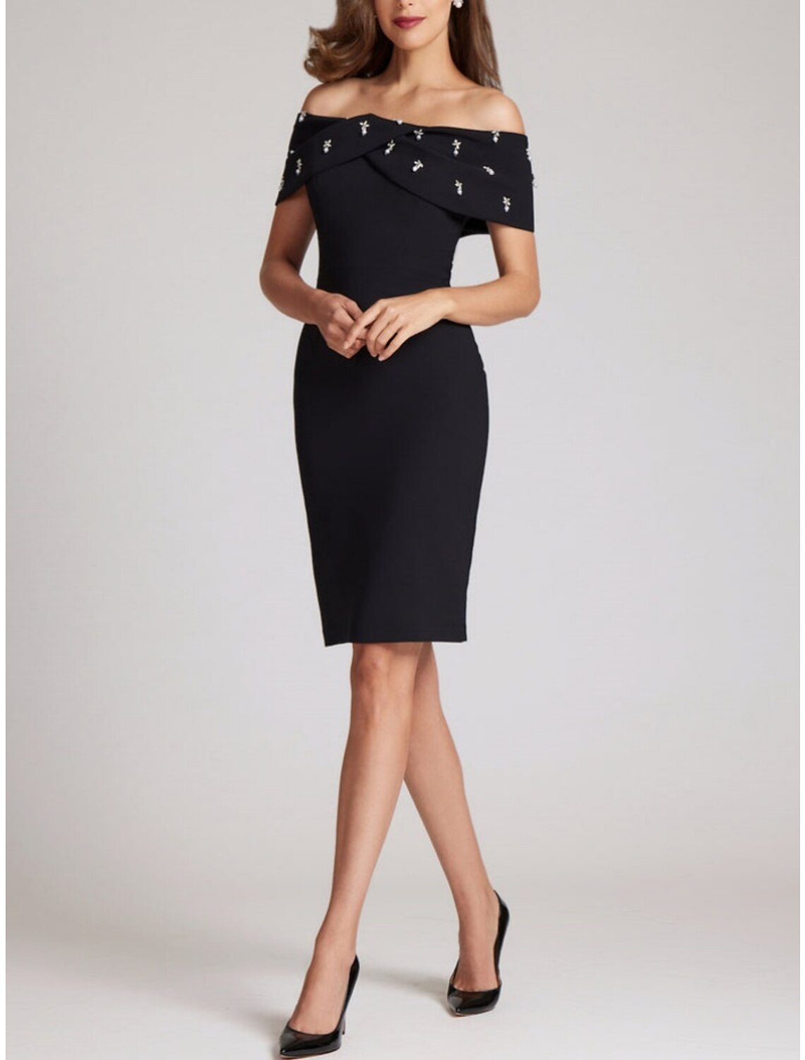 Sheath / Column Wedding Guest Dresses Elegant Dress Homecoming Knee Length Black Dress Short Sleeve Off Shoulder Fabric with Crystals