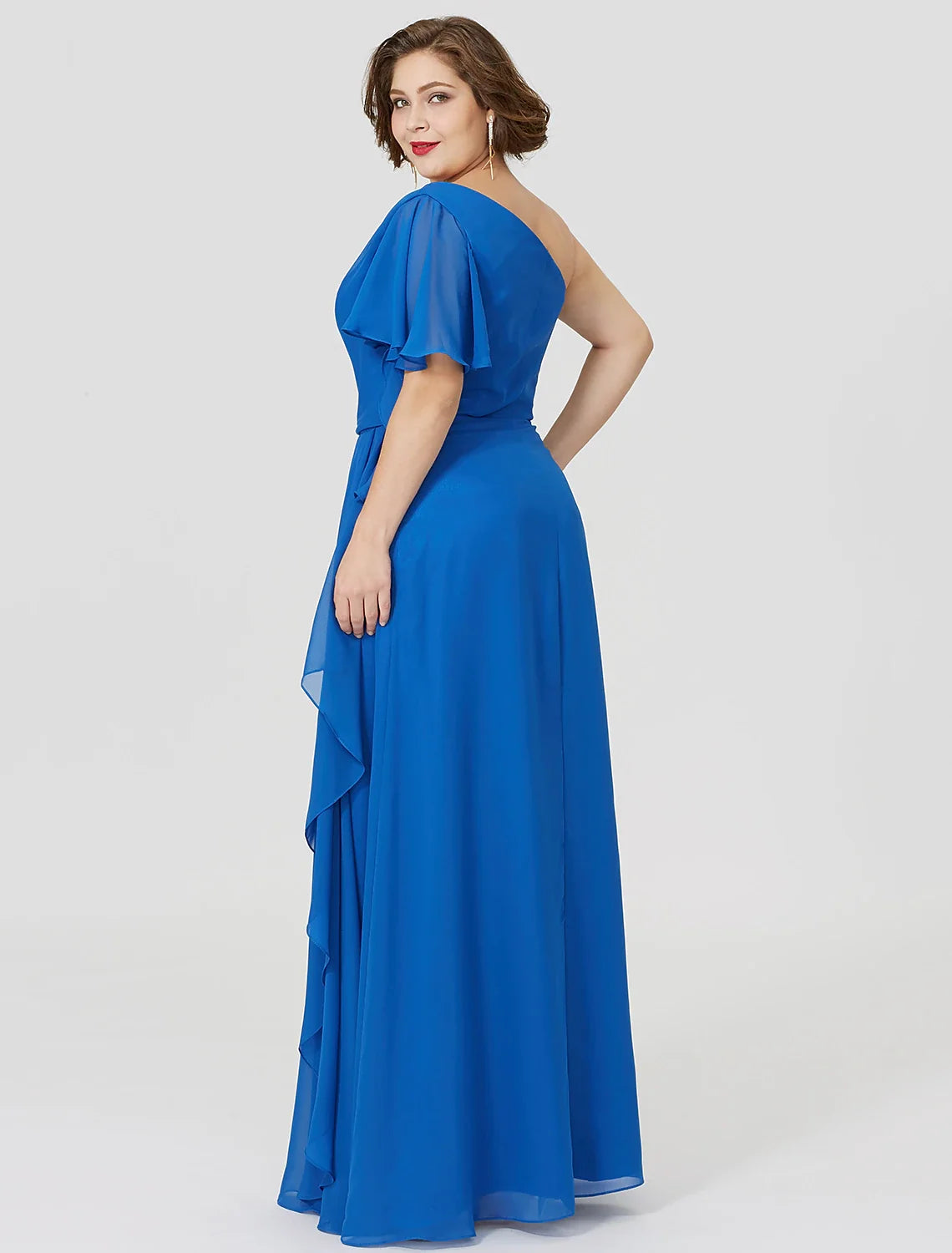 Sheath / Column Mother of the Bride Dress Formal Classic & Timeless Elegant & Luxurious Plus Size One Shoulder Floor Length Chiffon Short Sleeve No with Pleats