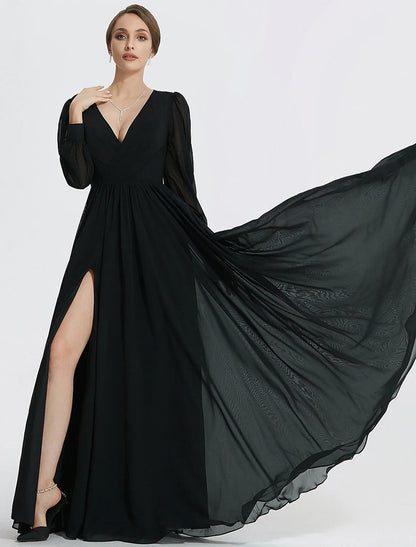 A-Line Evening Gown Elegant Dress Formal Floor Length Long Sleeve V Neck Chiffon with Slit