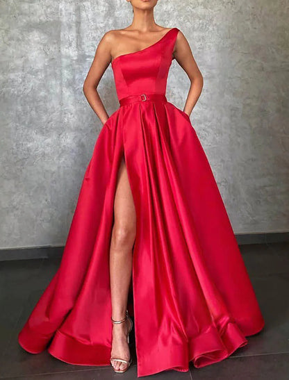 A-Line Evening Gown Celebrity Style Dress Christmas Red Green Dress Formal Wedding Sweep / Brush Train Sleeveless One Shoulder Belt / Sash Satin with Pleats Slit