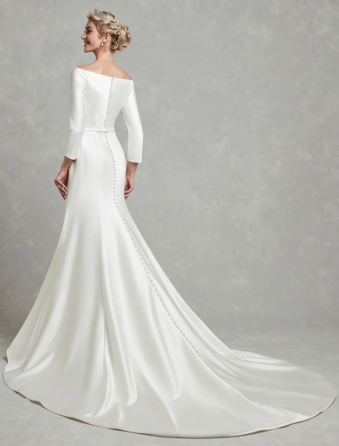 Casual Fall Wedding Dresses Mermaid / Trumpet Off Shoulder 3/4 Length Sleeve Chapel Train Satin Bridal Gowns With Pleats Summer Wedding Party Women's Clothing