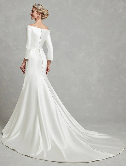 Casual Fall Wedding Dresses Mermaid / Trumpet Off Shoulder 3/4 Length Sleeve Chapel Train Satin Bridal Gowns With Pleats Summer Wedding Party Women's Clothing