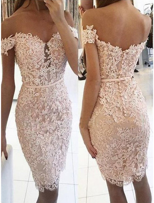 Sheath / Column Cocktail Dresses Floral Dress Homecoming Party Wear Short / Mini Sleeveless Off Shoulder Fall Wedding Guest Lace with Appliques