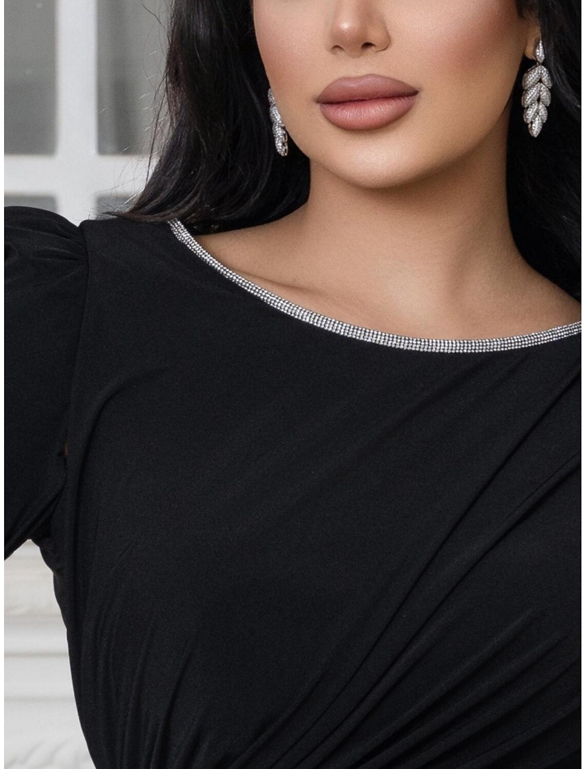 A-Line Evening Gown Elegant Dress Formal Sweep / Brush Train Black Dress Long Sleeve Scoop Neck Fabric with Pleats Ruched Sequin