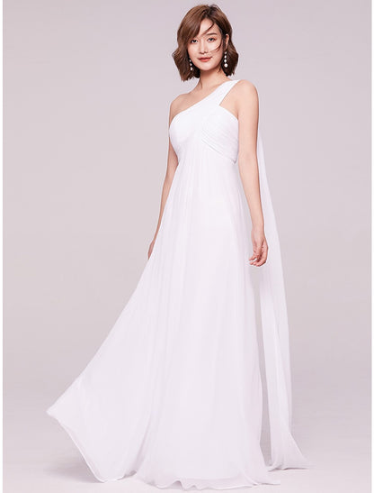 A-Line Evening Gown Empire Dress Wedding Guest Formal Evening Floor Length Sleeveless One Shoulder Bridesmaid Dress Chiffon Backless with Pleats Draping
